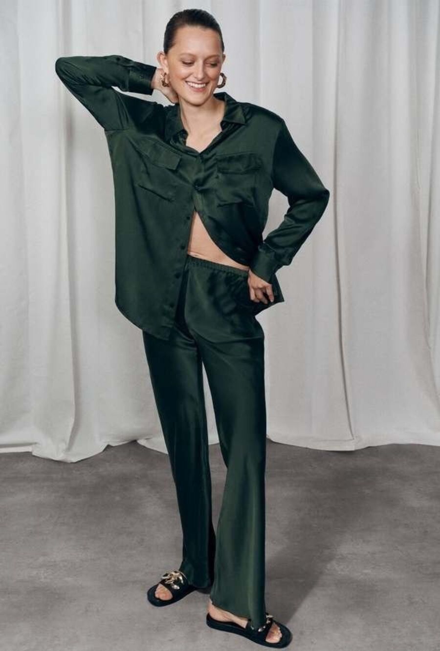 Silk Laundry Bias Cut Pants Size Medium Cedar Green 100% Silk Luxury Minimalist